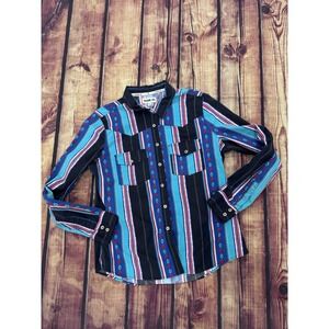 RANK 45 Women's Blue/Black Striped Button-Up Shirt Pockets Long Sleeve L Reg